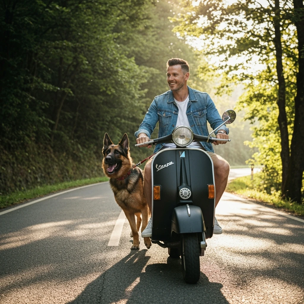 man and his pet dog riding a vespa emoji