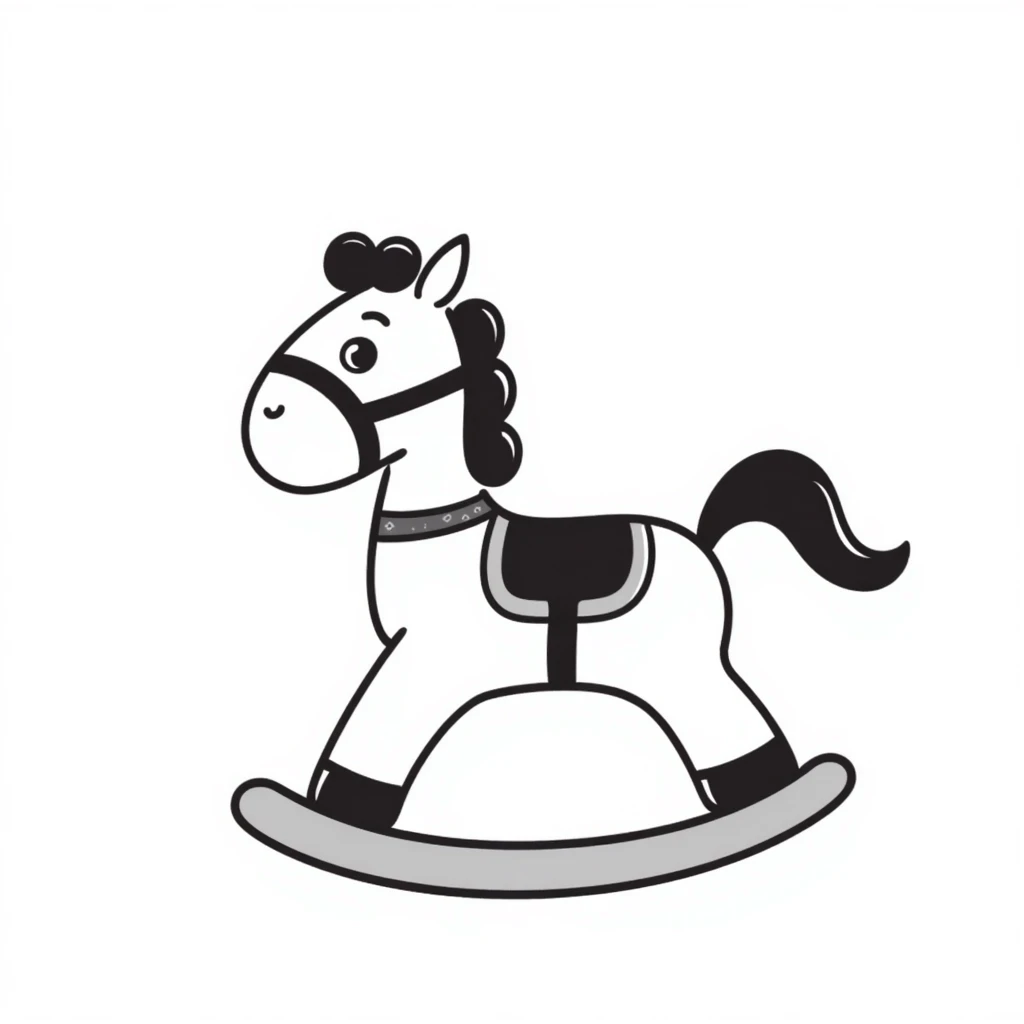A hand-drawn toy rocking horse with western details and a cute face emoji