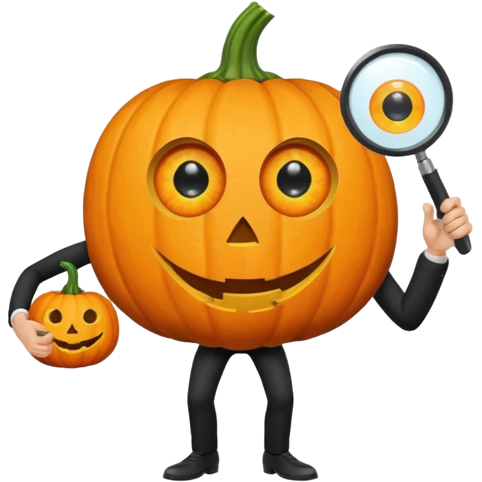 A pumpkin smiling at a magnifying glass (the magnifying glass has limbs and a suit thats black, the magnifying glass also has a eye, looks like a cyclops eye, one eye in the middle turn the magnifying glass into a living person) emoji