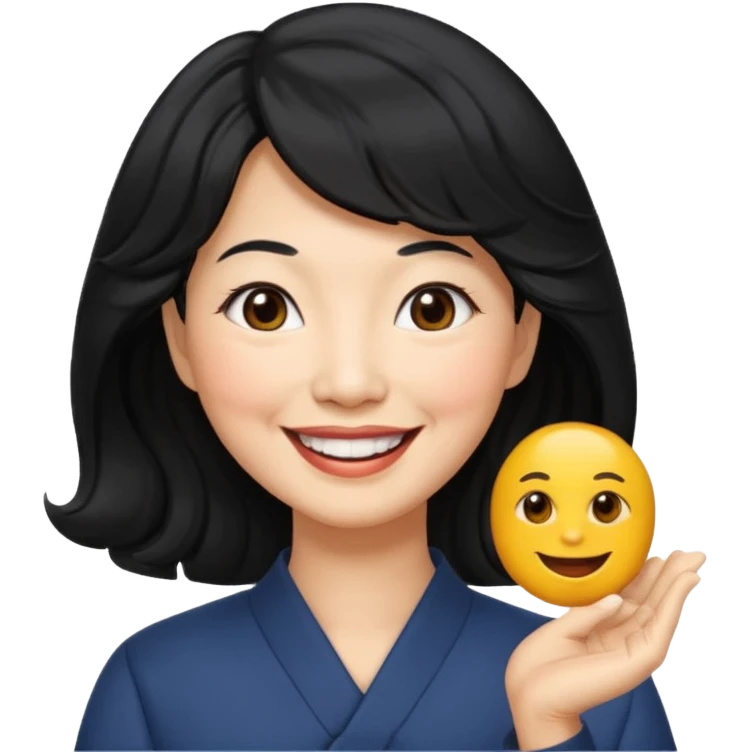 60 yr old asian woman, wavy thick black hair, side part, side swept bang, big smile emoji