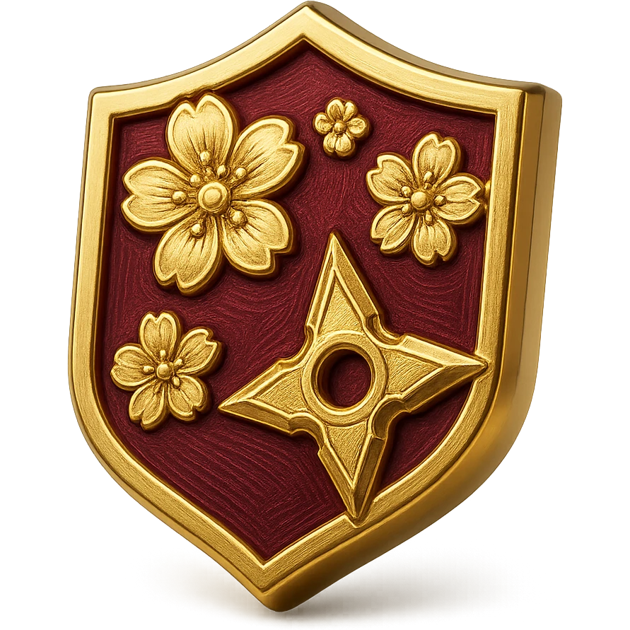 Japanese style badge in grandmaster color (deep purple/red with gold accents), traditional crest shape, sakura (cherry blossom) accents, chibi/anime-inspired playful vibe, ninja star accent, no text, sized for Twitch or Discord use, transparent background. emoji