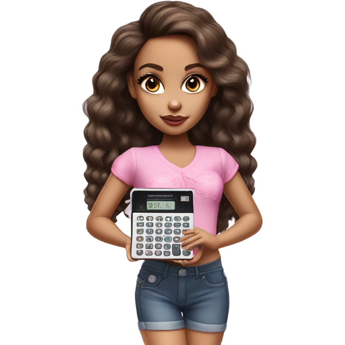 Hyper realistic bratz doll brunette with small pink calculator emoji