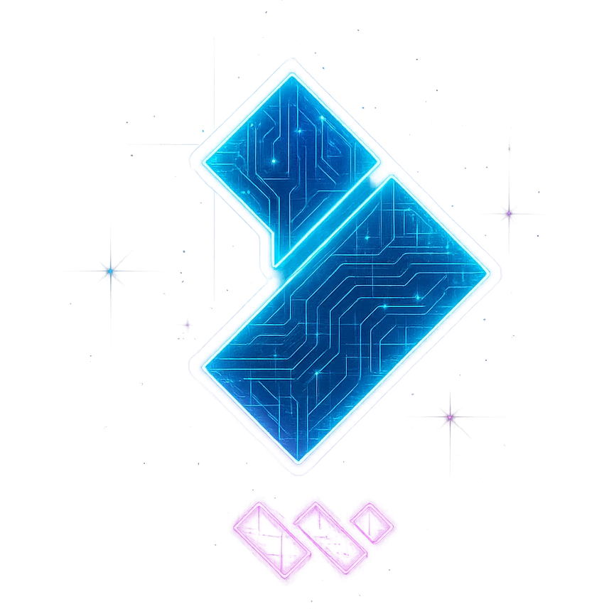Transform the Wondershare Filmora logo into a cyberpunk style closely matching the folder icon's look. Maintain the exact design, shapes, and colors of the original Filmora logo, but add a strong neon blue and pink glow, holographic circuit patterns, and a luminous effect like the folder. The logo should be bold, filled in, and vibrant, with the cyberpunk flair overlaid on top. Only the area outside the logo should be transparent. Avoid 3D shading and keep the style flat, clean, and futuristic. emoji