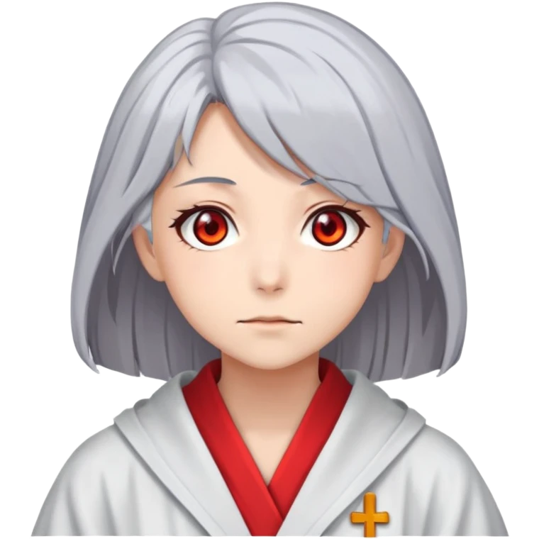 Anime girl with gray hair, red eyes and psychiatric robe emoji