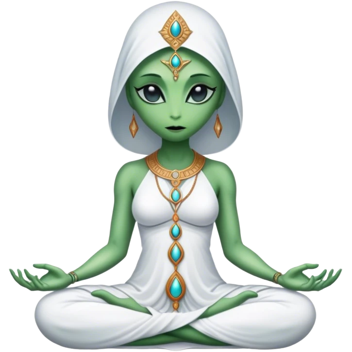a Reptilian alien woman,in meditation, white dress like a priestess emoji