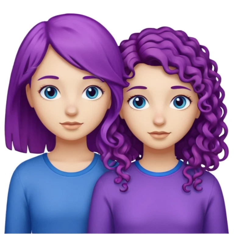 Two girl, best friends, one with purple straight hair and blue eyes, the other with curly brown hair with highlights and brown eyes emoji