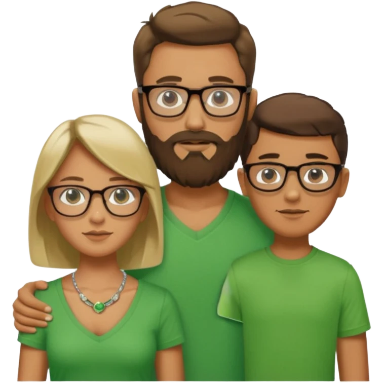 A family consisting of a man who's bearded, tanned, wearing glasses, a woman, slightly tanned, and a 14 year old teenage boy, slightly tanned, wearing a green t-shirt emoji