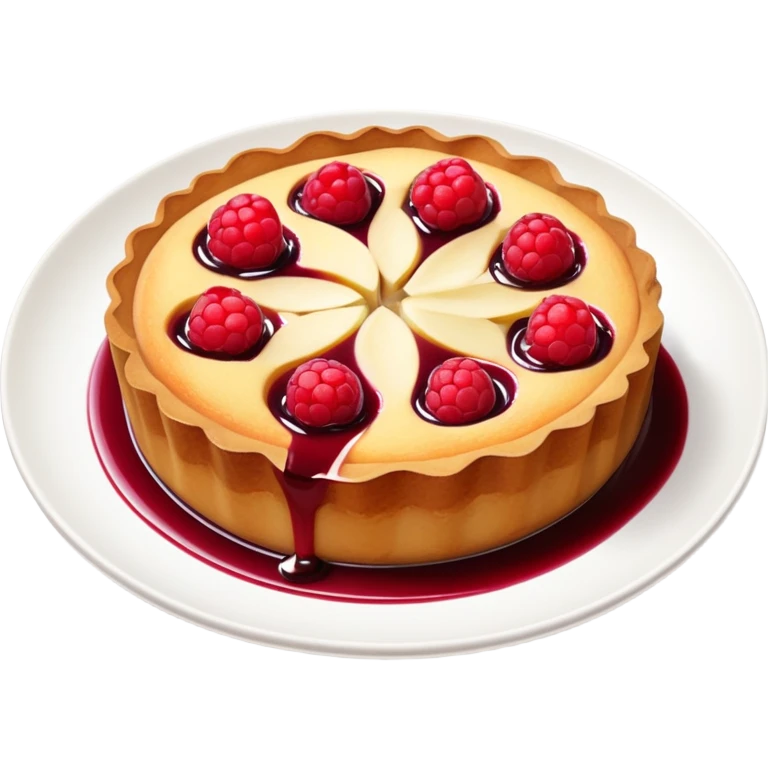 part de clafoutis pommes pires surmonté de coulis de fruits rouges et de miettes de pain d'épices. La part est contenue dans une petite assiette bordeaux emoji