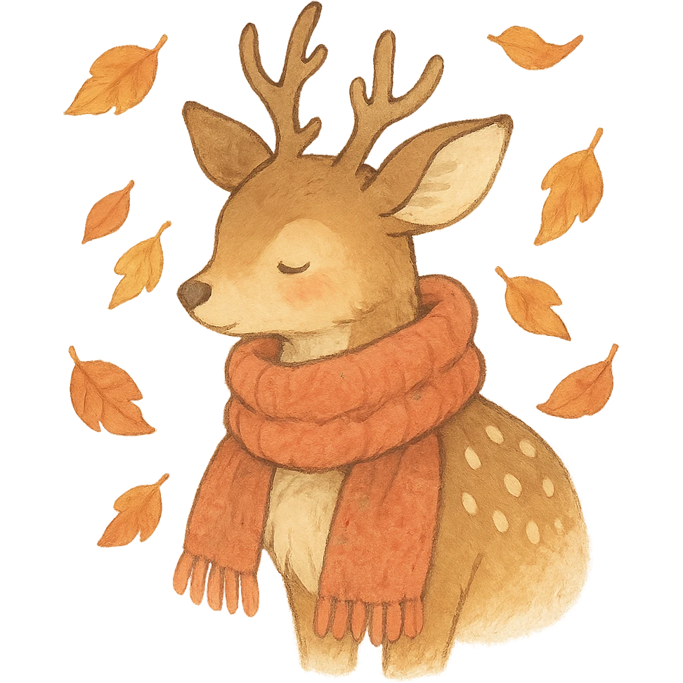 deer in a wooly scarf among falling leaves, cozy fall palette, soft pastel, ghibli style emoji