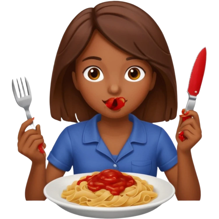 Brown skin Weird girl with brown hair eating pasta holding ketchup and a knife  emoji
