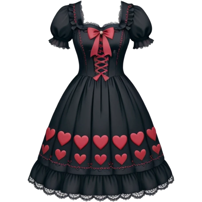 A beautiful Lolita dress with laces, cross-stitches, dark gothic color palette theme, strings, heart patterns textile, beautiful, aesthetic clothing emoji