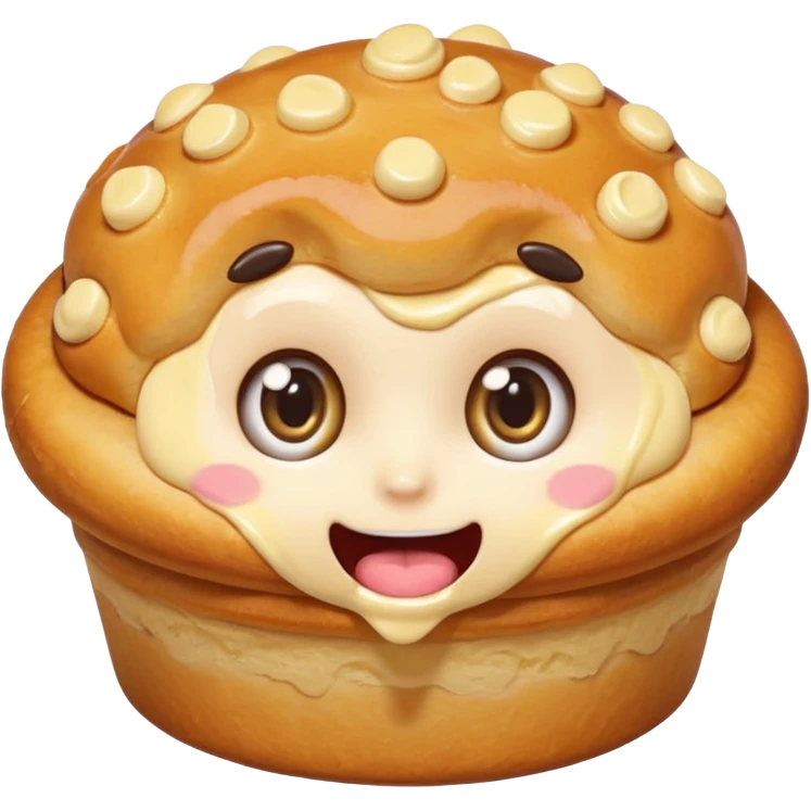 Funny cartoon mini pastry, slightly messy and squished, big round eyes, wide open mouth, playful surprised expression, text above: "ПАСТИЧКА", chibi style, Twitch emoji style, transparent background, colorful

 emoji