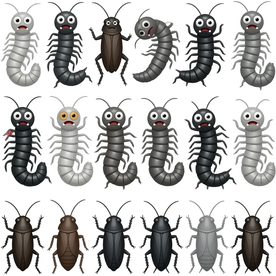 bugs emoji just millipedes cockroaches everywhere emoji shades of grey black white emoji piles of grey bugs black bugs grey bugs white bugs teeth large teeth large fangs large eyes inflated eyes pain sorrow bugs writhing bugs scared bugs piles and piles dead bugs pain millions of legs trypophobia emoji