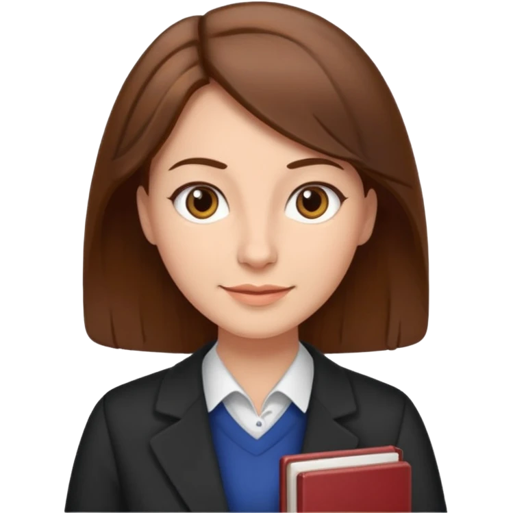teacher with brown hair holding books, friendly expression emoji