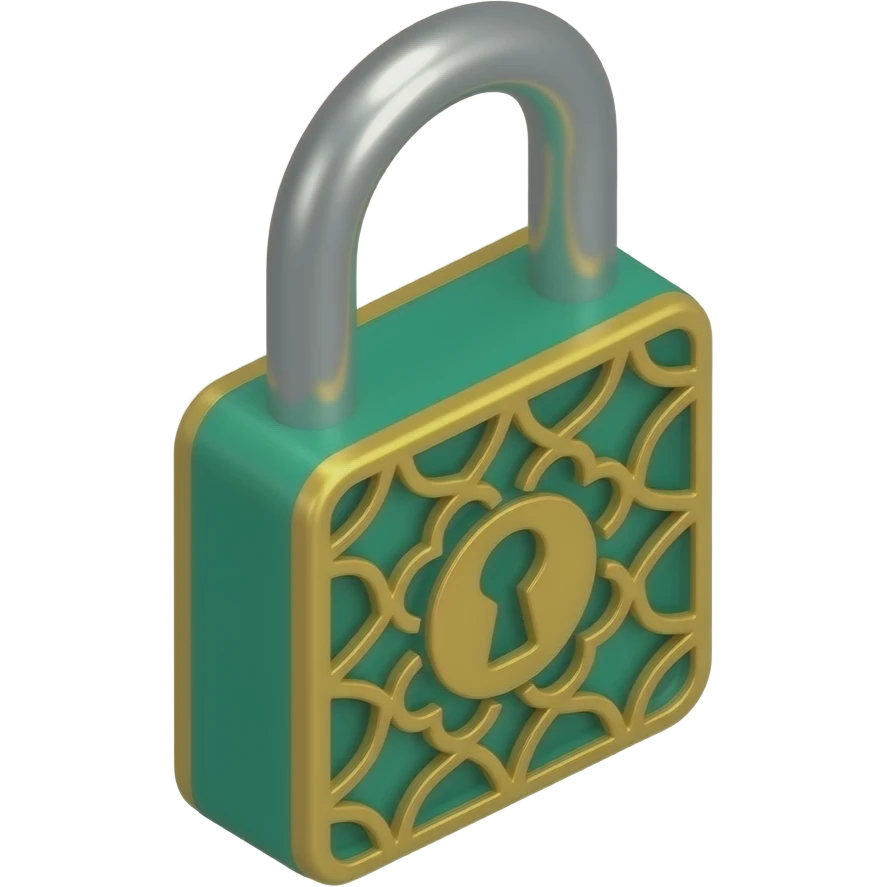 3D isometric padlock icon, engraved Mashrabiya pattern.
Minimalist professional style, emerald green & gold accents.
Soft studio lighting, 8k Octane render, ray-tracing detail.
Isolated on white background, premium literary aesthetic --v 6.0 emoji