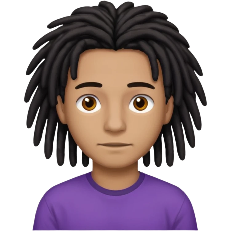 brown teen with black dreads in a middle part with brown eyes and a small faint mustache and purple shirt emoji