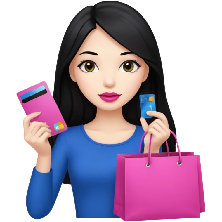 Girl with long black hair and pink lipstick holding shopping bags and credit card emoji