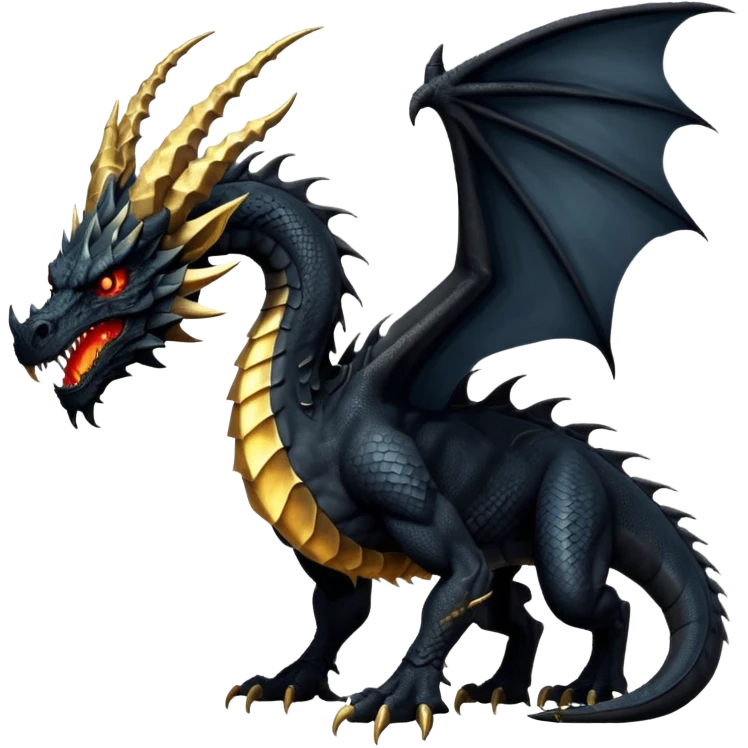 Massive ancient black dragon with obsidian scales, scarred powerful wings, glowing gold eyes, long curved horns, spiked neck ridges, and a brutal morningstar tail. Intimidating, muscular, regal presence. emoji