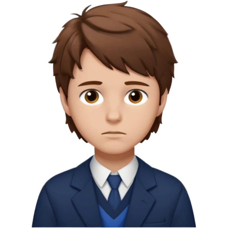 Design Xavier Thorpe with messy brown hair, artistic vibe, school uniform & thoughtful look. emoji