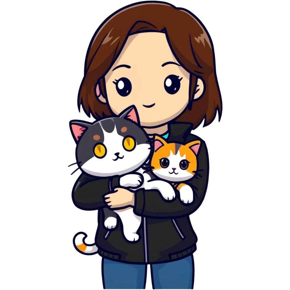 Light-skinned girl with brown straight hair wearing a black jacket, with one pure white cat with yellow eyes and one calico cat with orange black and white patches emoji