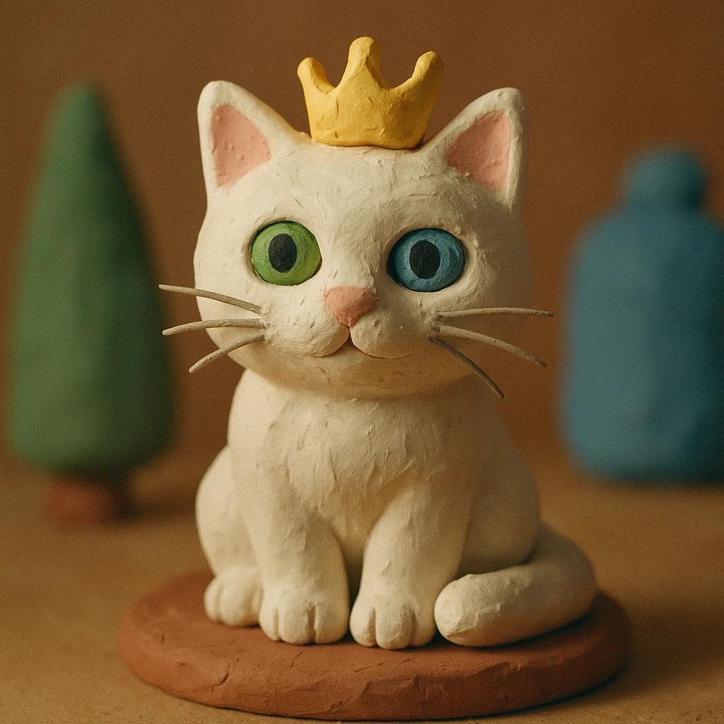realistic white cat with one green eye and one blue eye, wearing a princess crown emoji