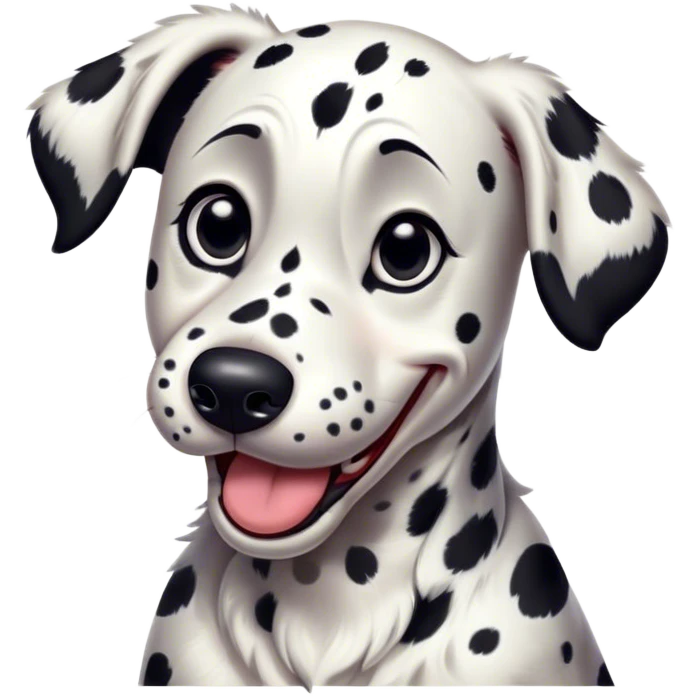 Cinematic Comical Spotted Dalmatian Portrait Emoji, Head tilted dramatically with an exaggeratedly shocked or amused expression, featuring a striking Fur of predominantly white with vivid black patches, wide, expressive eyes filled with playful disbelief, Simplified yet hilariously expressive features, highly detailed, glowing with a slightly sassy glow, high shine, dramatic yet playful, stylized with an air of cheeky charm, bright and endearing, soft glowing outline, capturing the essence of a spirited and over-the-top guardian, so meme-worthy it feels like it could side-eye its way into internet fame instantly! emoji