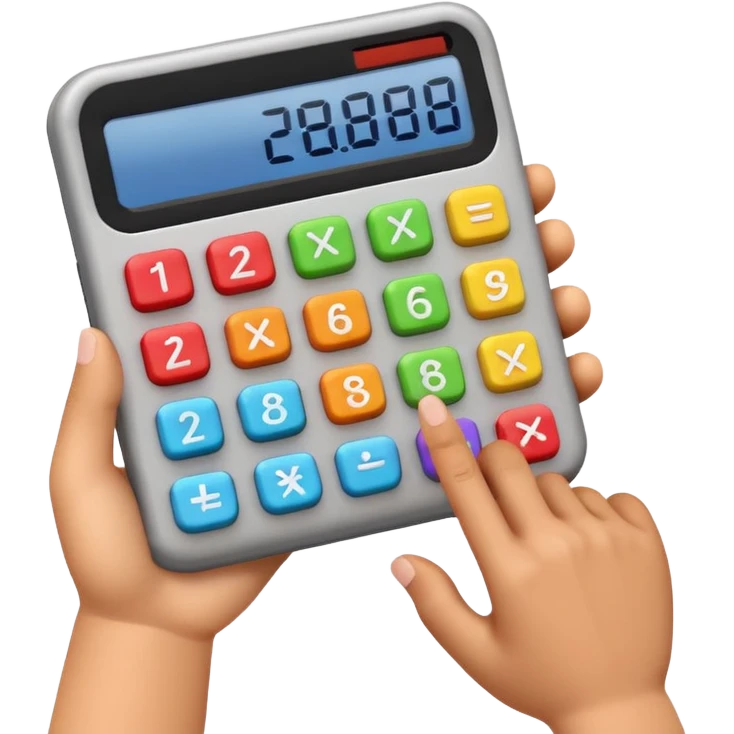 3D iPhone style emoji of a person using a calculator, finger pressing colorful buttons, digital display showing numbers, isolated on white background, soft shadows, high detail, playful and cute. emoji