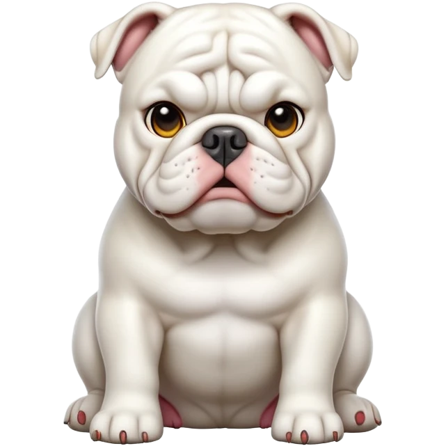 cinematic-[solid white english bulldog]-realistic-full-body-sitting-emoji,-tail-resting-loosely-beside-its-paws,-head-tilted-dramatically,-sleek-[solid white]-fur,-simplified-yet-realistic-focused-features,-highly-detailed,-glowing-with-an-almost-sarcastic-glow emoji