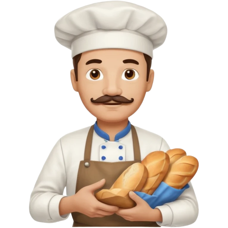 Middle aged male pastry chef - with a mustache, apron, white hat, holding a bag of bread emoji