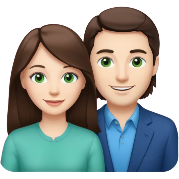 pink polaroid photo of a couple thats white with long brunette hair blue eyes and a white guy with short brunette hair and green eyes emoji