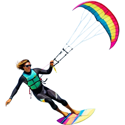 A vibrant kite soaring high in the sky, attached to a kiteboarder riding the waves below. The scene is filled with bright colors, capturing the energy of the sport. The background features the ocean, wind-blown waves, and a clear sky, showcasing the excitement and freedom of kiting. emoji