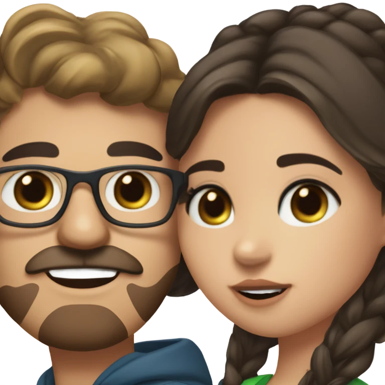 Guy with light brown hair, blue/green eyes, a mustache, and glasses kisses dark haired brown eyed girl who looks like madison beer emoji