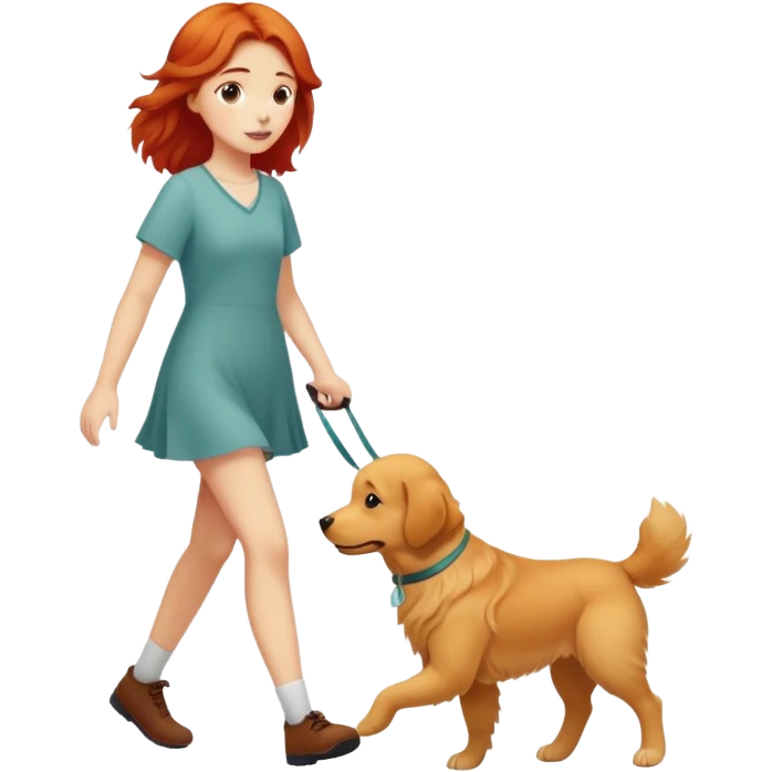 A red short-haired girl walking a golden retriever emoji