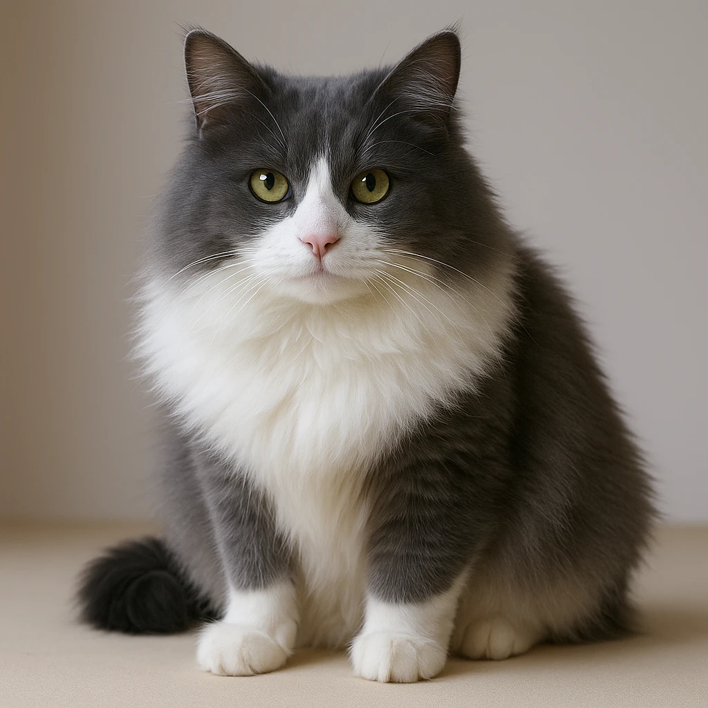 Make the cat fluffier with lifelike, realistic style and details. Keep the fur gray only on top with no stripes, and the nose and underbelly white. The image should look realistic and natural. emoji