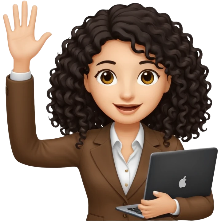 medium deep tan brown business woman with long black curly hair, waving hand with happy face and holding a laptop emoji