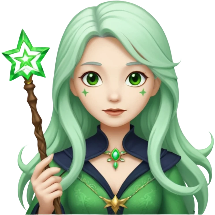 Woman with green skin color with white color long hair and carrying a magic wand emoji