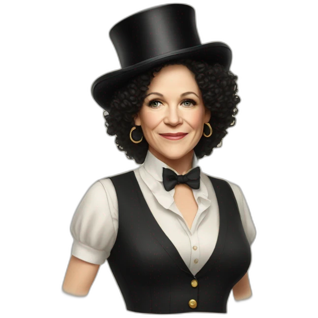 Susie Essman wearing a top hat, a 70s vest, and hoop earrings emoji