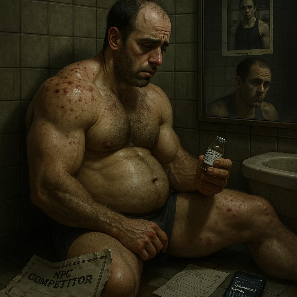 A 35-year-old bodybuilder sits shirtless on a bathroom floor, clutching an empty vial labeled "Test E 250mg". His physique shows the paradox of PED abuse: bloated stomach (high estrogen), but zero exceptional muscle gains.  

Hyper-detailed elements:  
- **Needle marks** (track lines) on glutes with fresh bruising  
- **Acne clusters** on shoulders (CYP-induced)  
- **Lab papers** showing crashed LH/FSH (HPTA suppression)  
- **Phone screen** glowing with forum posts: "No risultati in 8 weeks"  

The mirror reflects his exhausted face (dark circles, receding hairline) contrasting with gym selfies on the wall showing his younger natural self. A torn "NPC Competitor" certificate floats in dirty water.  emoji