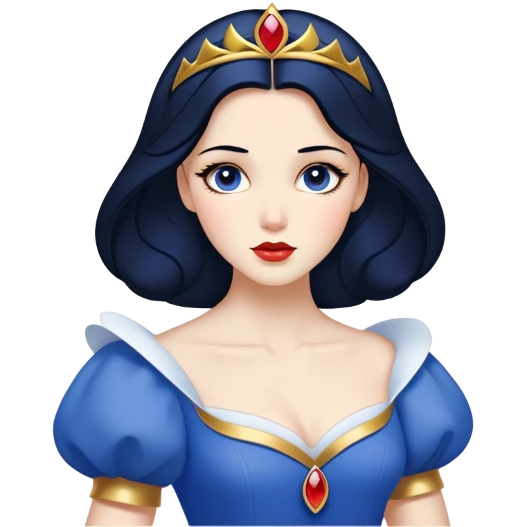 Cinematic Timeless Snow White Portrait Emoji, rendered in a clean, vector style. Depict Snow White with flawless porcelain skin, elegantly styled raven hair, and a serene, graceful expression, dressed in her classic blue and gold ensemble. The design features bold, simplified shapes, a soft, enchanting glow, and a subtle glowing outline, epitomizing pure, timeless beauty. emoji