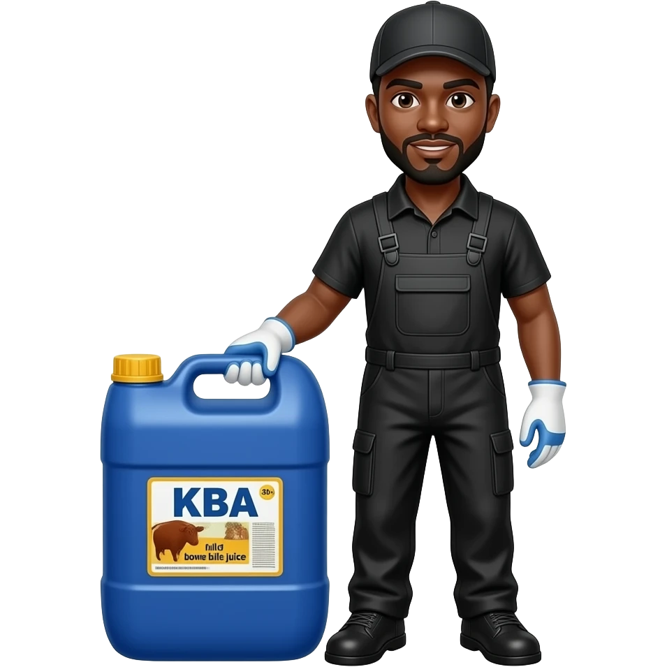 Afriacn Bile juice collector worker with 30 litre blue jerrican with yellow cap labed KBA full off bovine bile juice with blue and white gloves in cap and black overall emoji