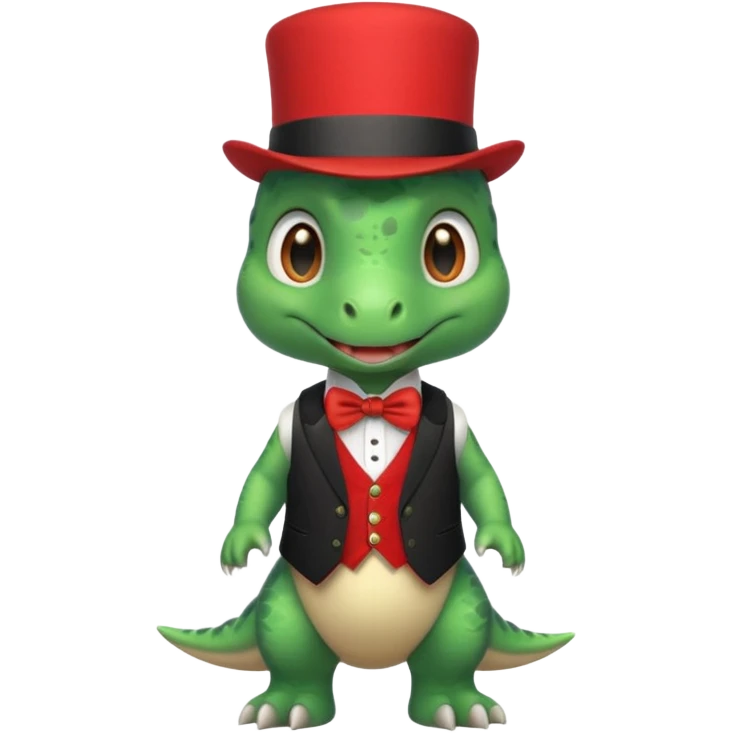 Steampunk:a very cute and adorable green anthropomorphic baby dinosaur with a red top hat emoji