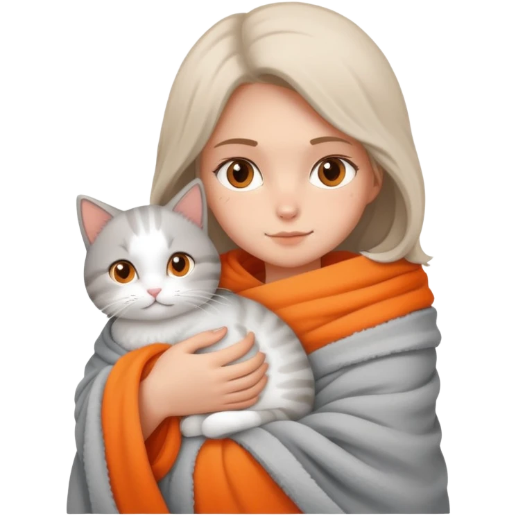A girl wrapped in a blanket holding a cat emoji