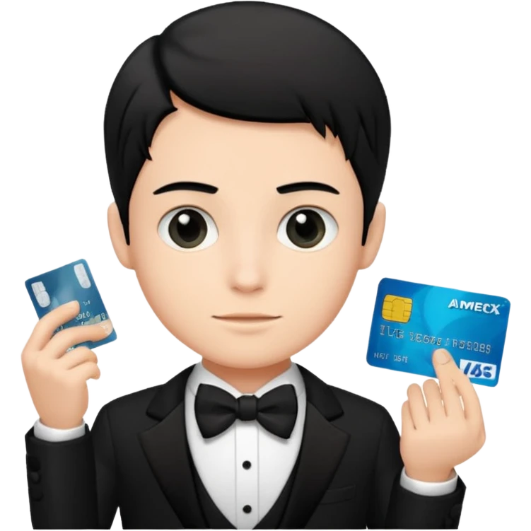 make a genmoji of a boy with a an amex card in hand and wearing a tux, black hair emoji