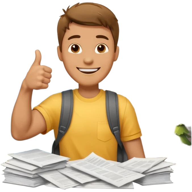 man standing on a mountain of papers, showing a thumbs up emoji