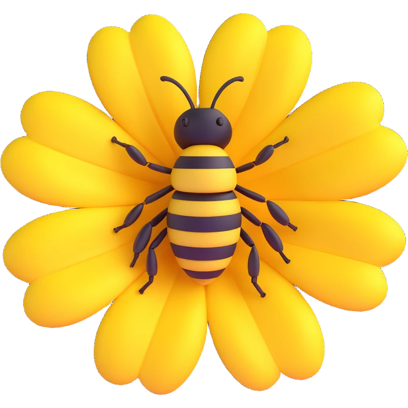Redraw this close-up photo of a large yellow flower with a bee in the center in a volumetric 3D iOS cartoon style: bright colors, cartoonish shapes, clean modern background, emphasis on volume and light-shadow play. emoji