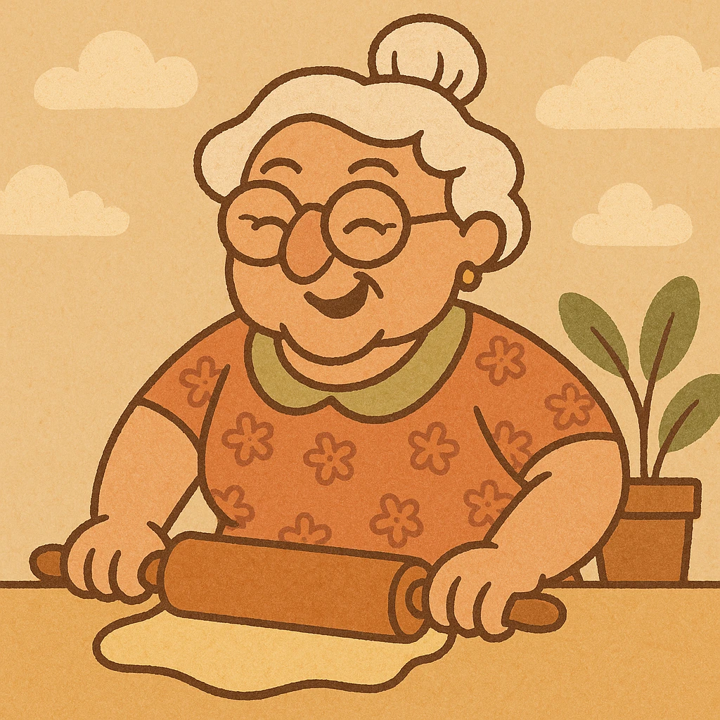 stylish old Italian nonna with glasses, floral dress, rolling pin, humorous style emoji