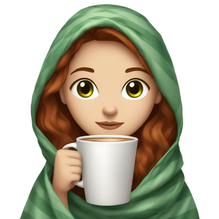 Fair skin girl, Auburn hair green eyes wrapped in a blanket, drinking coffee emoji