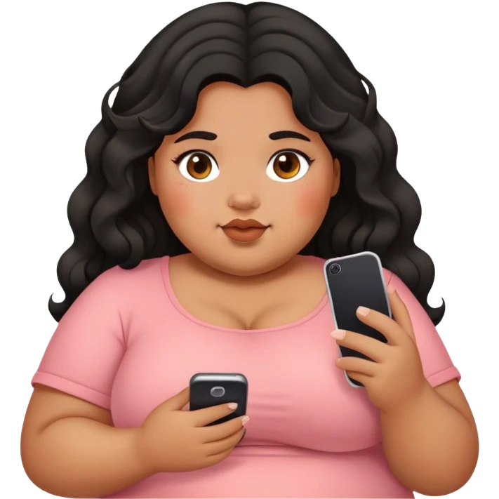 Fat girl with black wavy hair holding phone tan and blush a little emoji