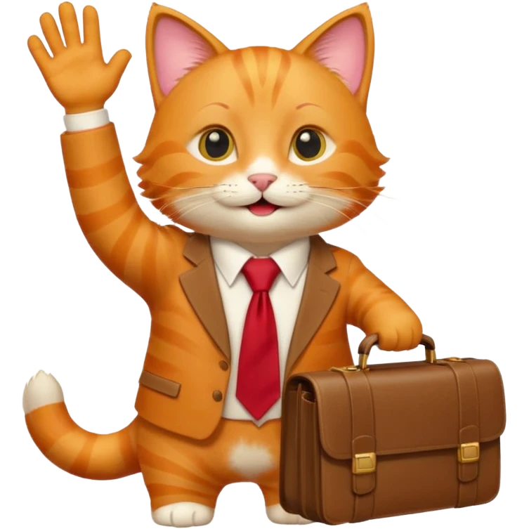 happy cat with a red tie and briefcase, waving emoji
