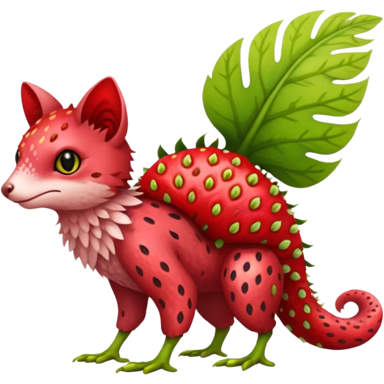 Feral Rare Fantasy vibrant tropical strawberry-colors-themed, red and sanguine, and lime-collred Vernid-Trico-species-creature by LiLaiRa, random markings, tufted tail, tufted ears, full body emoji